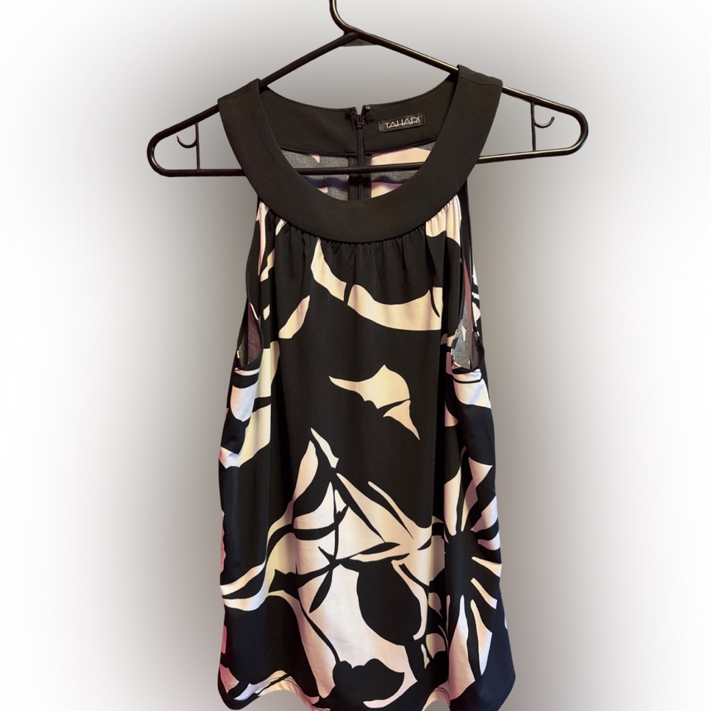 Tahari Black and Cream Floral Blouse